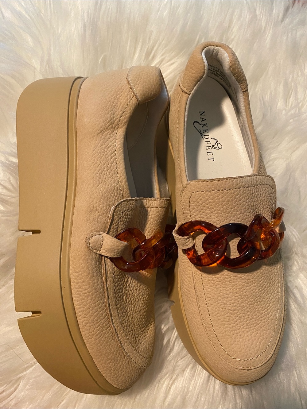 NWOT Naked Feet Beige Platform Loafers with Tortoiseshell Chain